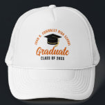 Orange Graduate Customisable Graduation Trucker Hat<br><div class="desc">These modern orange custom senior graduate hats feature your high school or college name for the class of 2025. Customise with your graduating year under the chic handwritten script and black grad cap for a great personalised graduation party favour gift.</div>