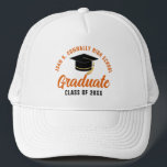 Orange Graduate Customisable Graduation Trucker Hat<br><div class="desc">These modern orange custom senior graduate hats feature your high school or college name for the class of 2025. Customise with your graduating year under the chic handwritten script and black grad cap for a great personalised graduation party favour gift.</div>