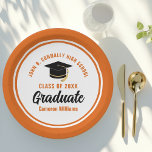 Orange Graduate Personalised 2024 Graduation Party Paper Plate<br><div class="desc">These modern orange and white custom graduation party plates feature classy typography of your university or college name for the class of 2024. Customise with your graduating year next to the chic handwritten script and black grad cap for great personalised congratulations graduate party decor.</div>