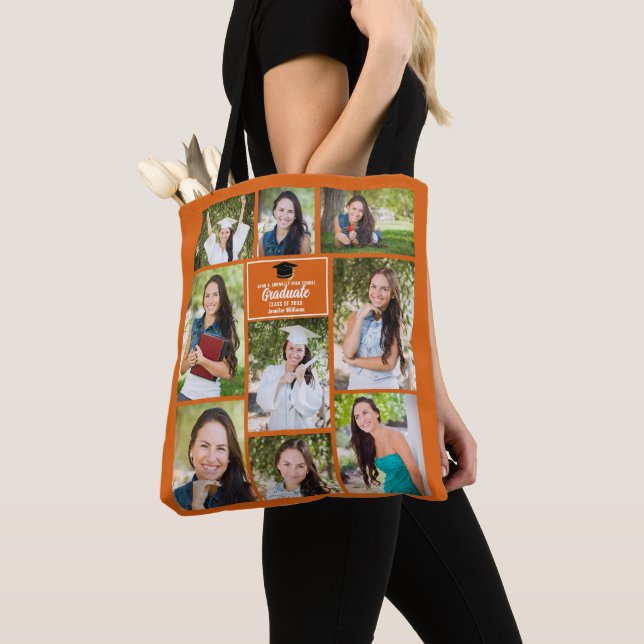 Orange Graduate Photo Collage Graduation Gift Tote Bag (Close Up)