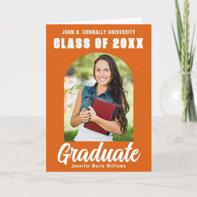 Orange Graduate Photo Modern Folded Graduation Announcement (Front)
