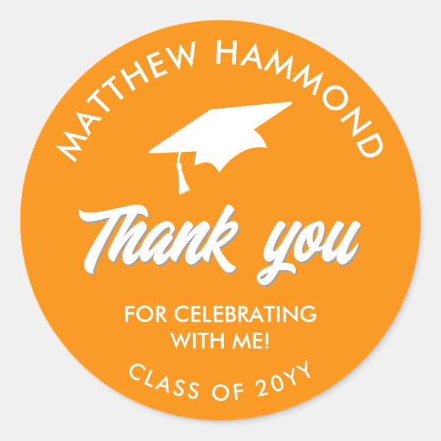 Orange Graduating Class Thank You Grad Cap Classic Round Sticker (Front)