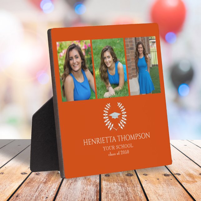 Orange Graduation Party Custom Photo Plaque (Graduation tabletop sign with a three photo template and classic laureate)