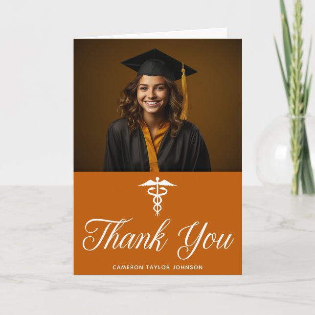 Orange Graduation Photo Medical School Doctor Thank You Card (Front)