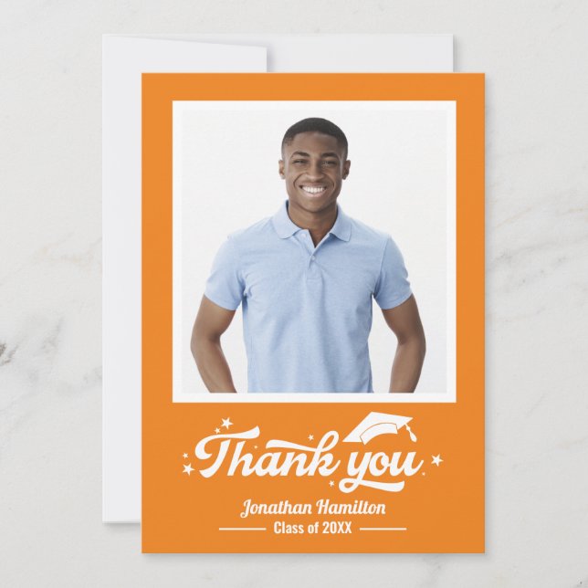 Orange Graduation Photo Thank You Card (Front)