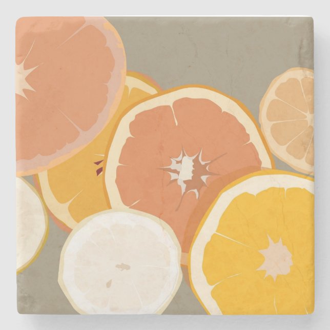 Orange Grapefruit and Lemon Citrus Illustration Stone Coaster (Front)