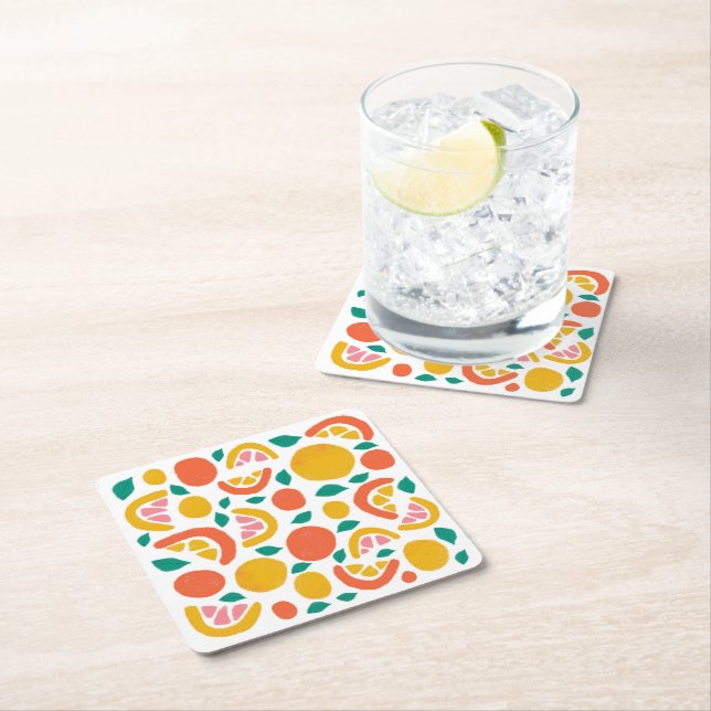 Orange Grapefruit Citrus Pattern Square Paper Coaster (Insitu)