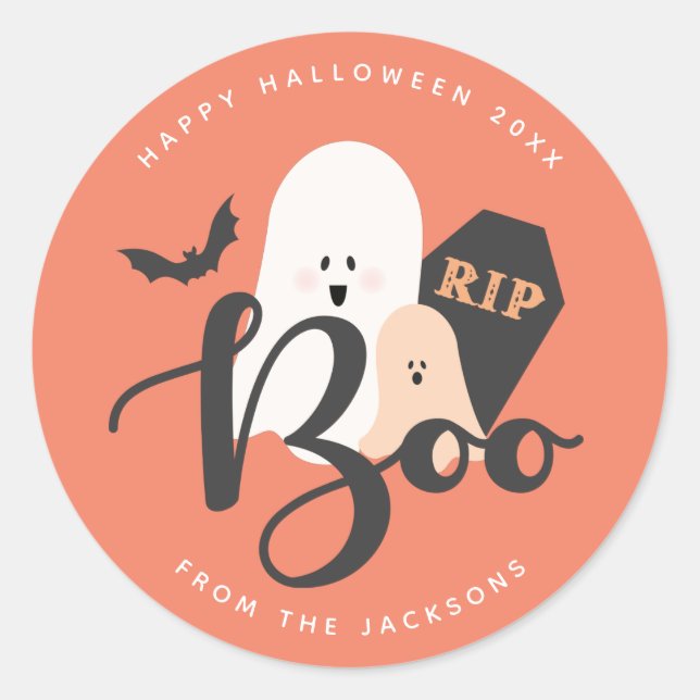 Orange Gray Cute Ghost Boo Halloween  Classic Round Sticker (Front)