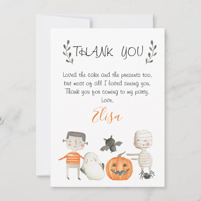 Orange Gray Halloween Birthday Thank You Card (Front)