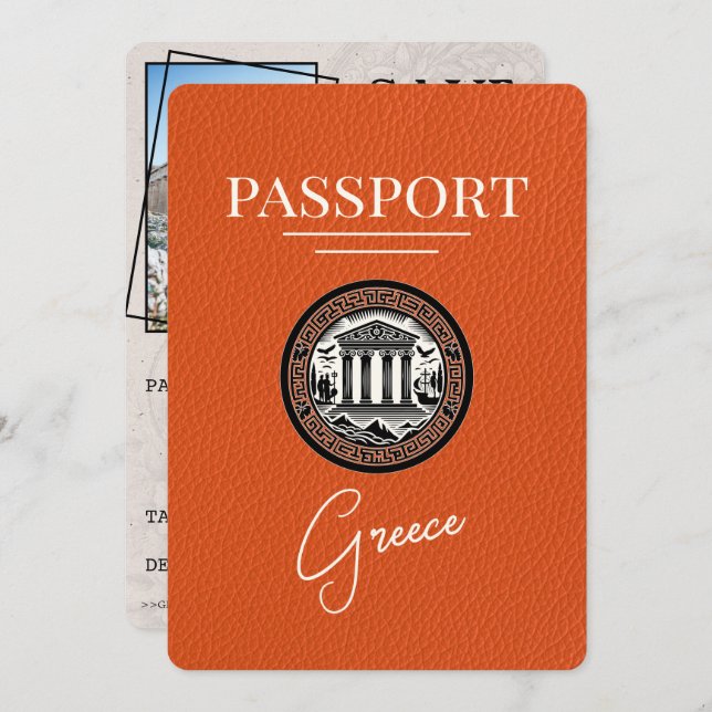 Orange Greece Passport Save the Date Card (Front/Back)