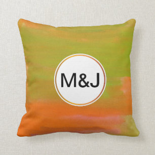 orange & green abstract watercolor & monogram cushion