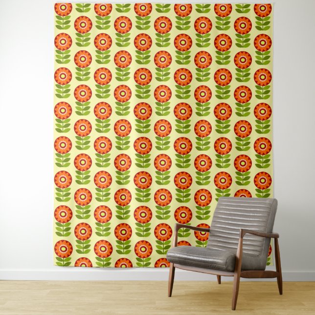 Orange, Green And Yellow Retro Flower Pattern Tapestry (In Situ)