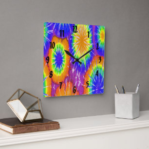 Orange green and yellow tie dye square wall clock