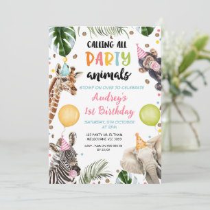 Orange Green Ballons Safari Party Animals Birthday Invitation