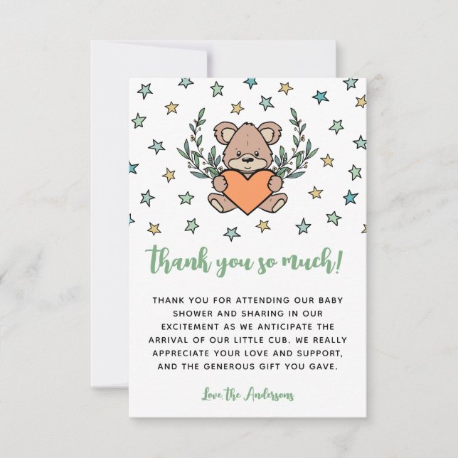 Orange Green Bear Themed Baby Shower Thank You Card (Front)