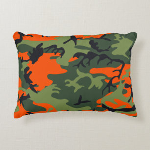 Orange, Green, Black Camo Camouflage Decorative Cushion