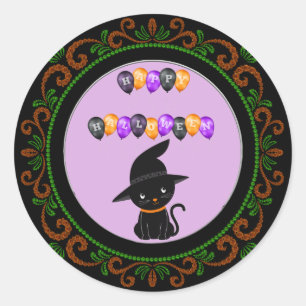 Orange Green Black Cat Happy Halloween Balloons Classic Round Sticker