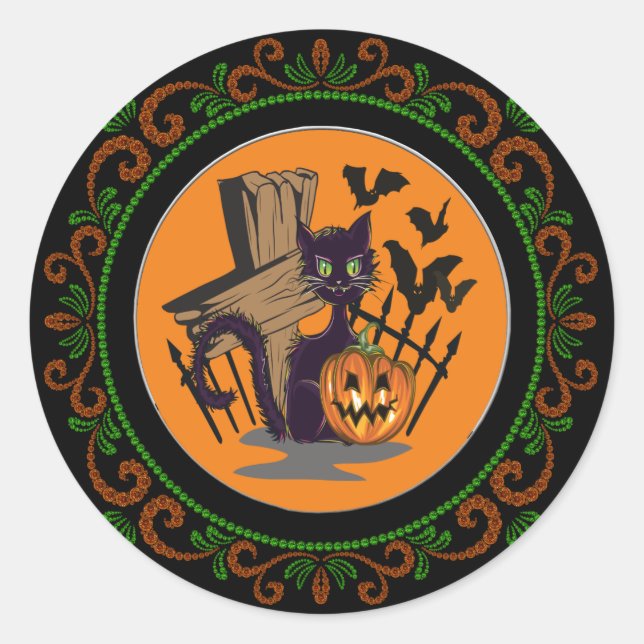Orange Green Black Cat Tombstone Bats Halloween Classic Round Sticker (Front)