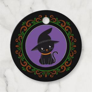 Orange Green Black Cat With A Witch Hat Halloween Favour Tags