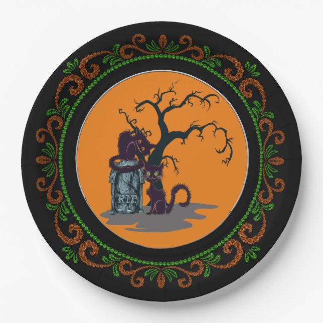 Orange Green Black Cats Tombstone Tree Halloween Paper Plate (Front)