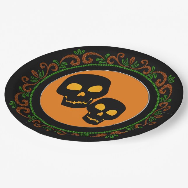 Orange Green Black Skulls Halloween Paper Plate (Angled)