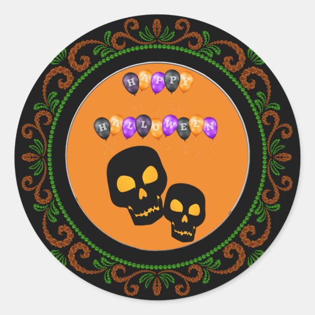 Orange Green Black Skulls Happy Halloween Balloons Classic Round Sticker (Front)