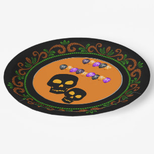 Orange Green Black Skulls Happy Halloween Balloons Paper Plate