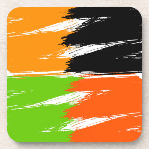 Orange Green Black White Brush Stroke Paint Coaster