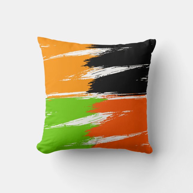 Orange Green Black White Brush Stroke Paint Cushion (Front)