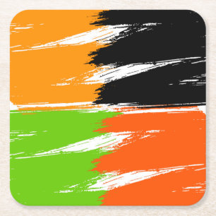 Orange Green Black White Brush Stroke Paint Square Paper Coaster