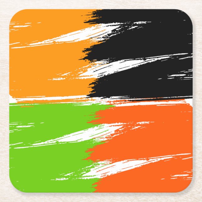 Orange Green Black White Brush Stroke Paint Square Paper Coaster (Front)