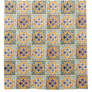 Orange-Green-Blue Tile Shower Curtain