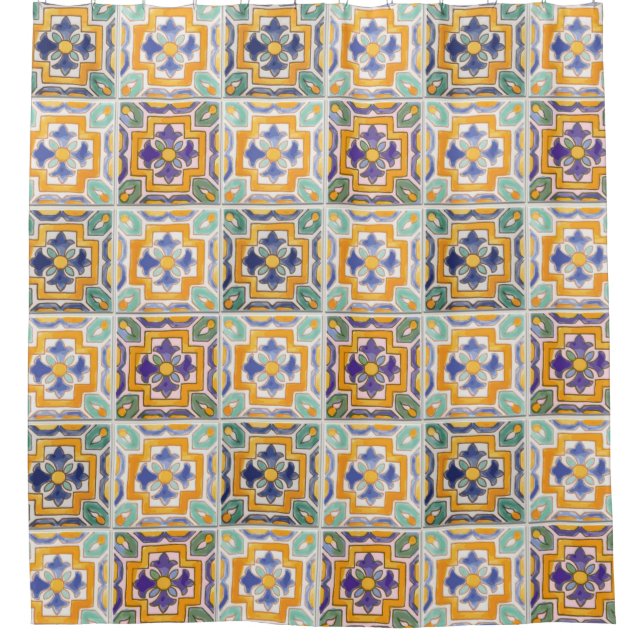 Orange-Green-Blue Tile Shower Curtain (Front)