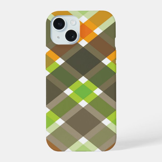 Orange Green Brown Plaid Simple Fun Checks Pattern iPhone 15 Case (Back)