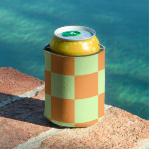Orange Green Chequerboard Retro Checks Can Cooler