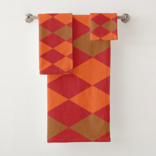 Orange Green Chequered Diamond Pattern Bath Towel Set