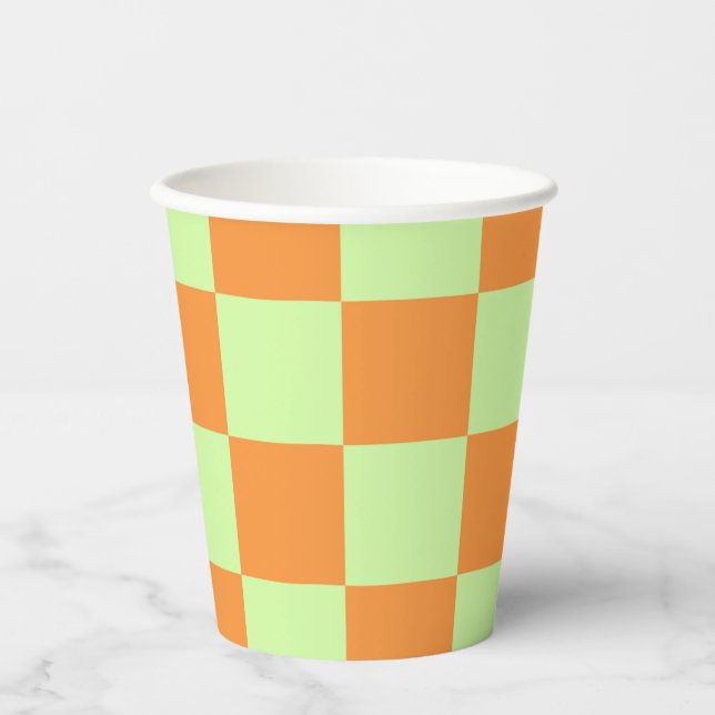 Orange Green Citrus Chequered Gingham Pattern Paper Cups (Front)