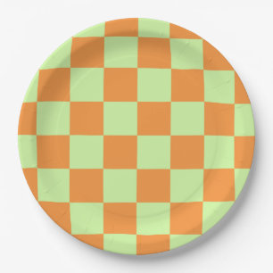 Orange Green Citrus Chequered Gingham Pattern Paper Plate