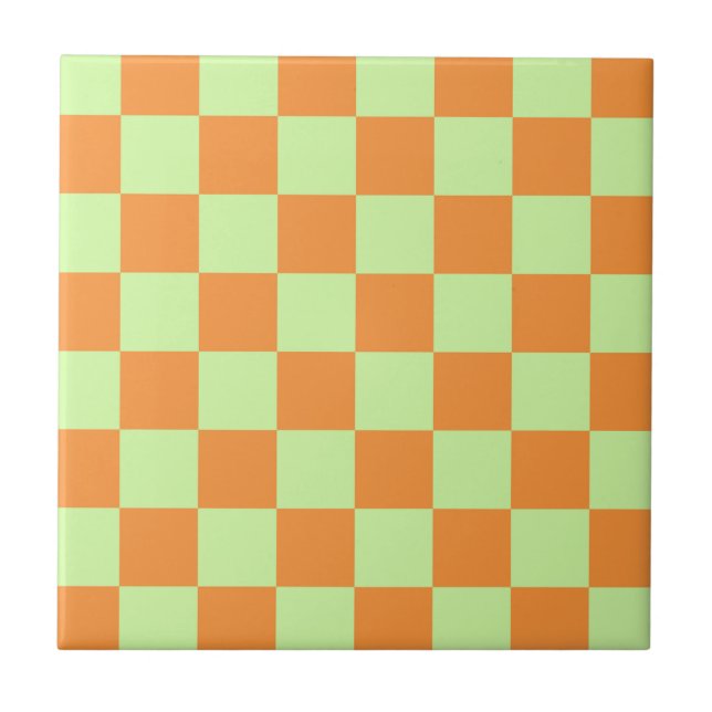 Orange Green Citrus Chequered Gingham Pattern Tile (Front)