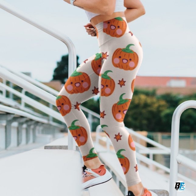 Orange Green Cute Smiling Pumpkin Pattern Leggings (#halloweentime)