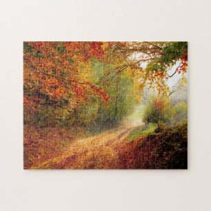 Orange Green Fall Leaves Country Dirt Road Photo Jigsaw Puzzle