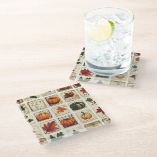 ORANGE & GREEN FALL PUMPKINS & AUTUMN LEAVES GLASS COASTER
