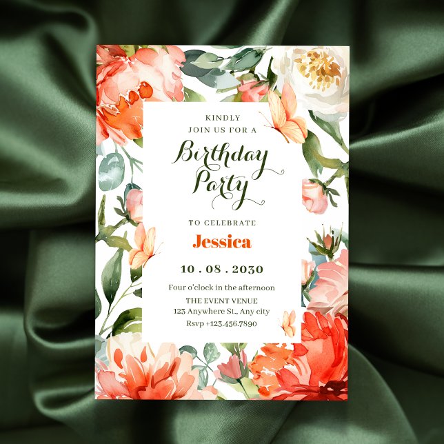 Orange green floral bloom birthday invitation (Creator Uploaded)