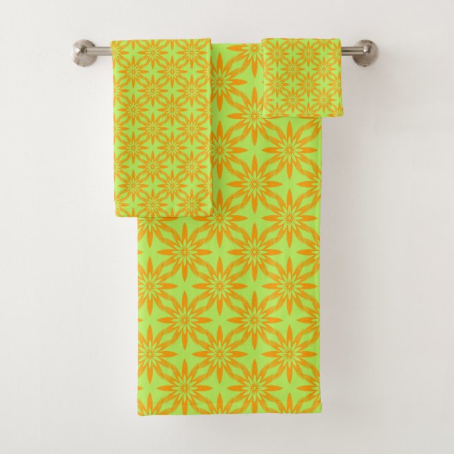Orange Green Flower Seamless Pattern Bath Towel Set (Insitu)