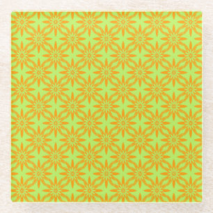 Orange Green Flower Seamless Pattern Glass Coaster