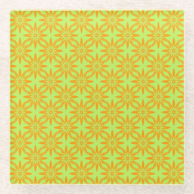 Orange Green Flower Seamless Pattern Glass Coaster (Front)