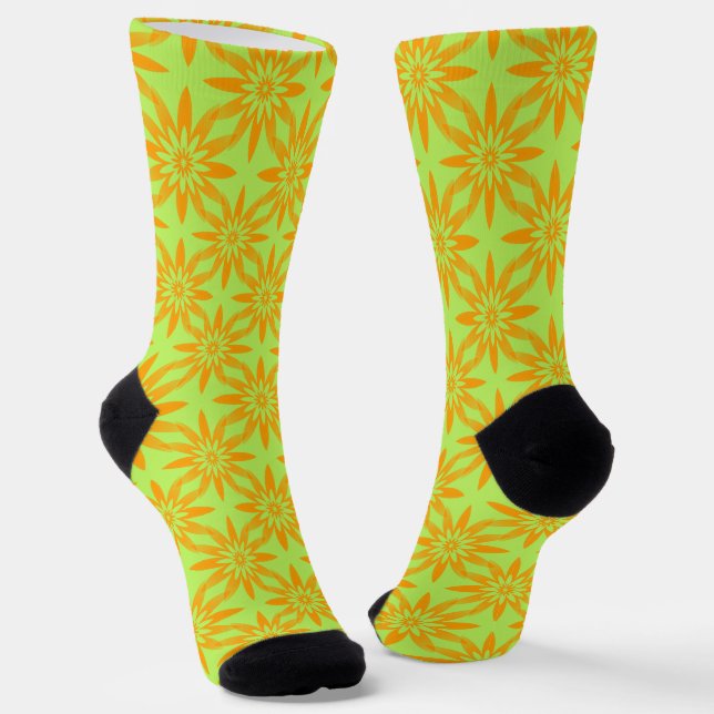 Orange Green Flower Seamless Pattern Socks (Angled)