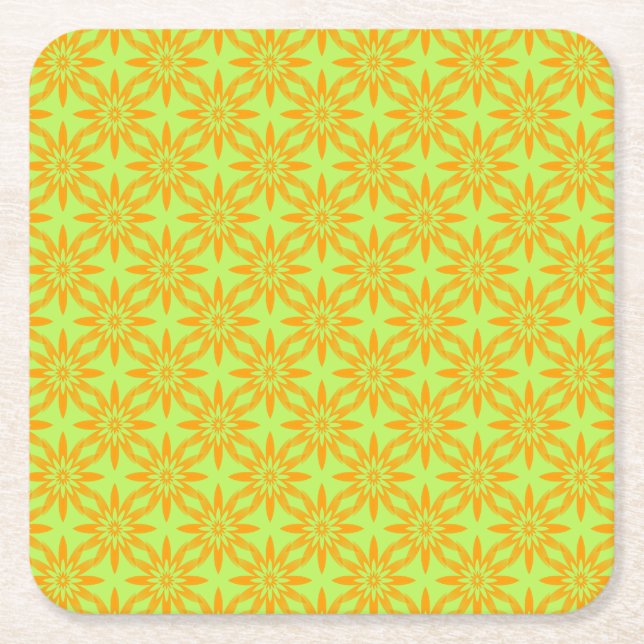 Orange Green Flower Seamless Pattern Square Paper Coaster (Front)