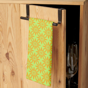 Orange Green Flower Seamless Pattern Tea Towel