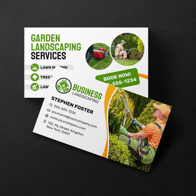 Orange & green Garden Landscaping Lawncare Mowing Business Card (Creator Uploaded)